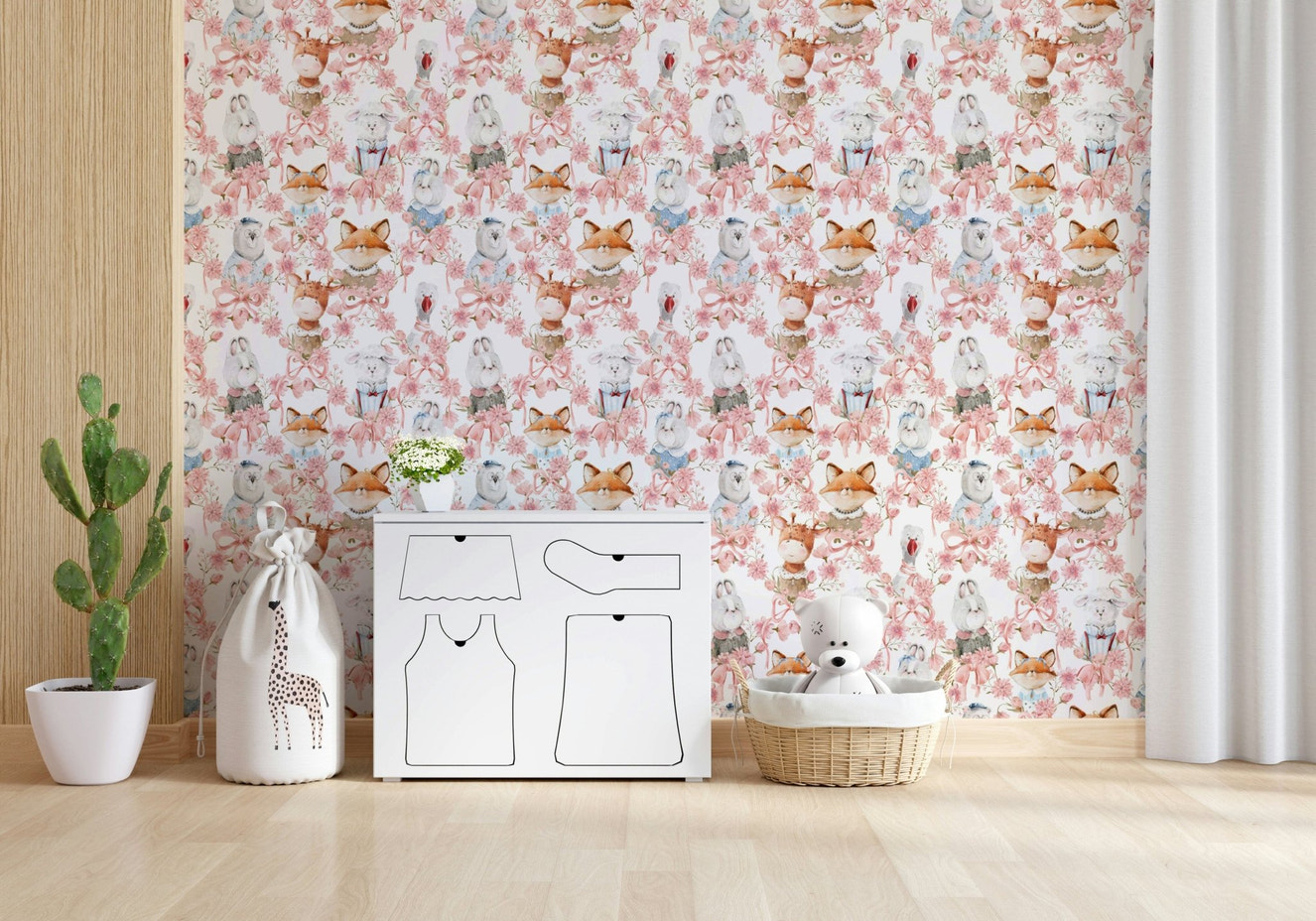 Floral Friends wallpaper for walls featuring watercolor bunnies and bows.