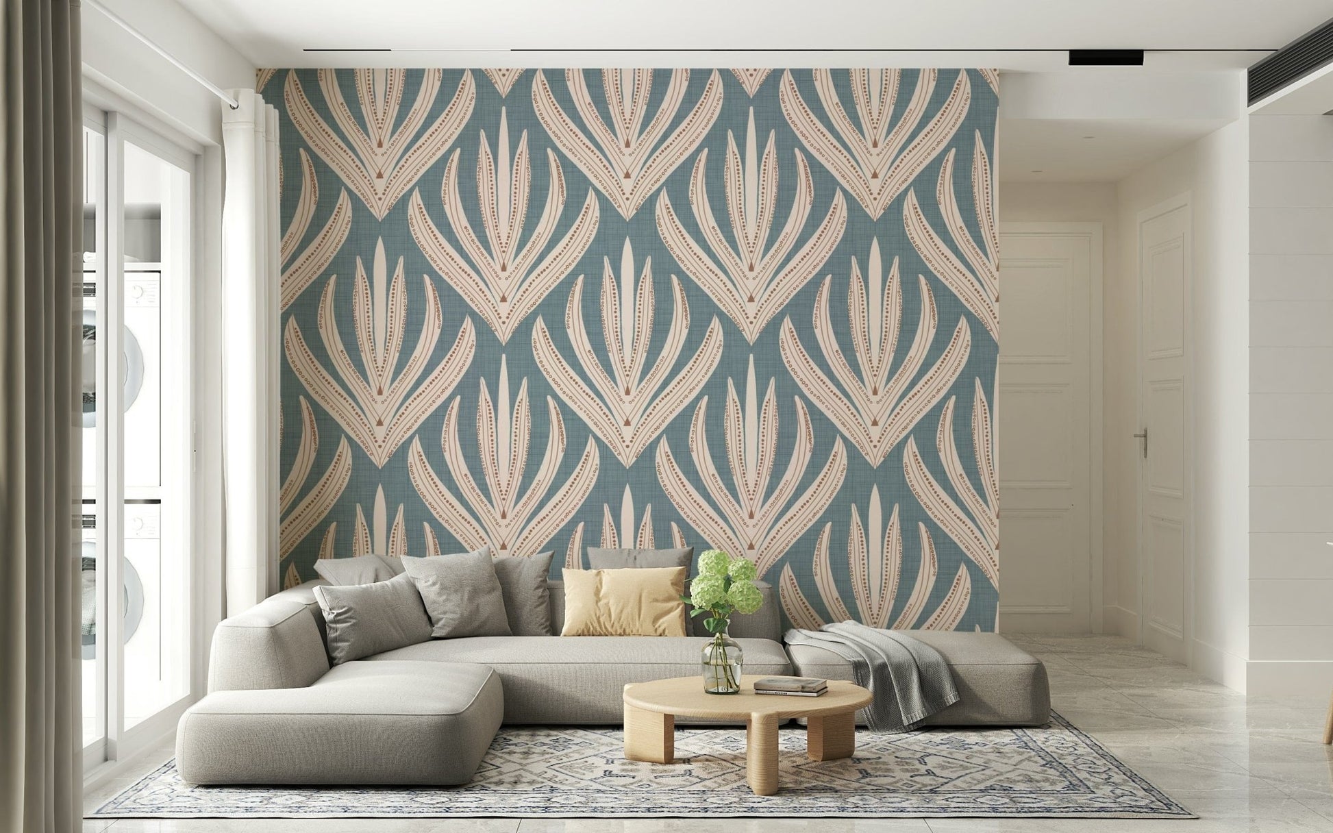 Stylized art deco bloom of Floral Geometry in Muted Blue wall mural.