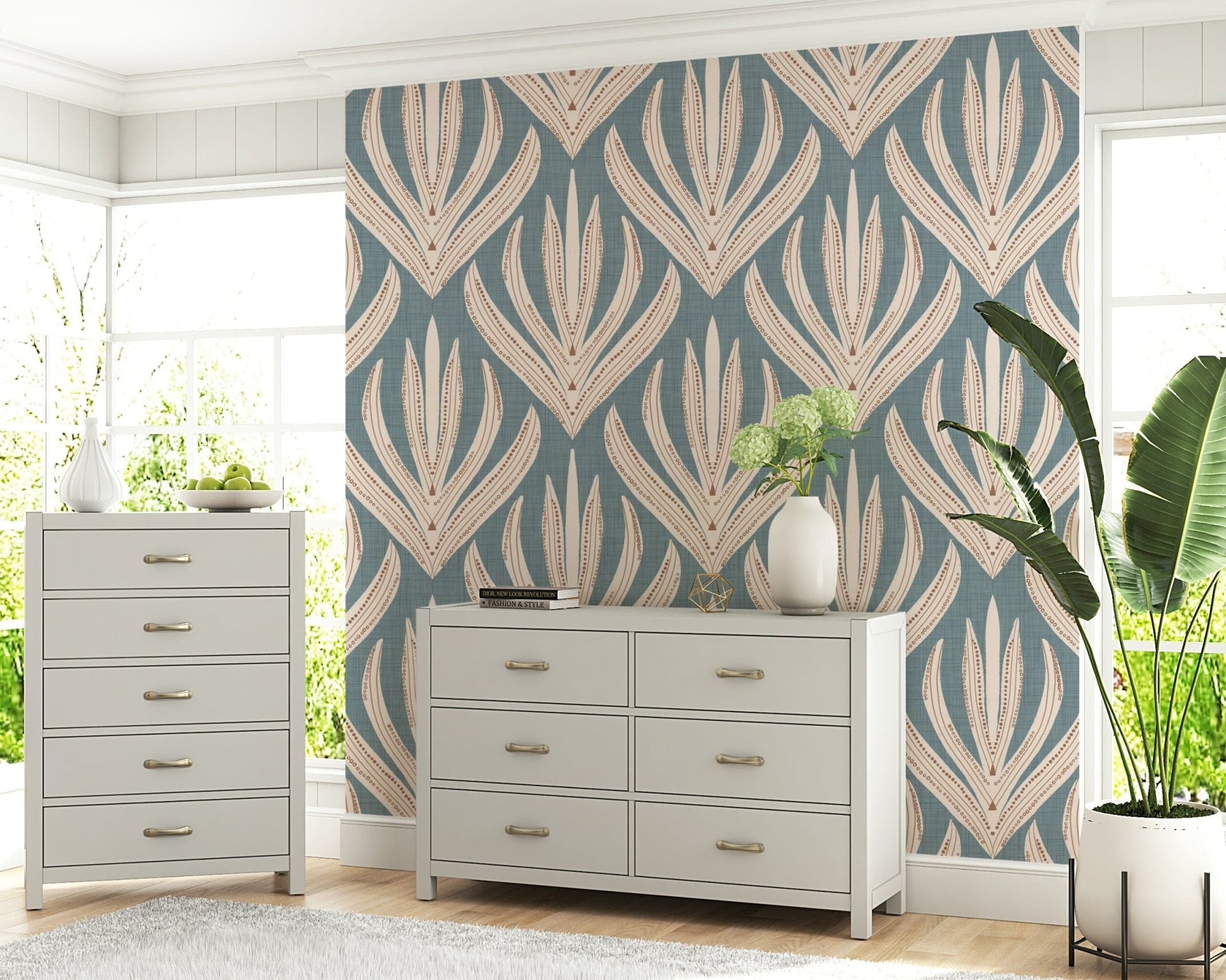 Dotted, odd linear design of Floral Geometry in Muted Blue.