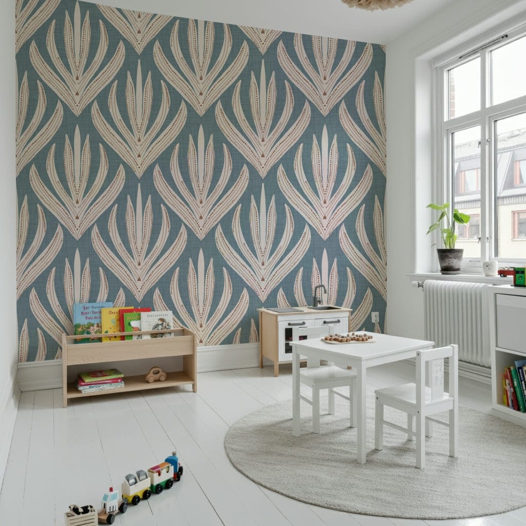 Textured denim backdrop on Floral Geometry in Muted Blue wallpaper.