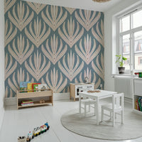 Textured denim backdrop on Floral Geometry in Muted Blue wallpaper.