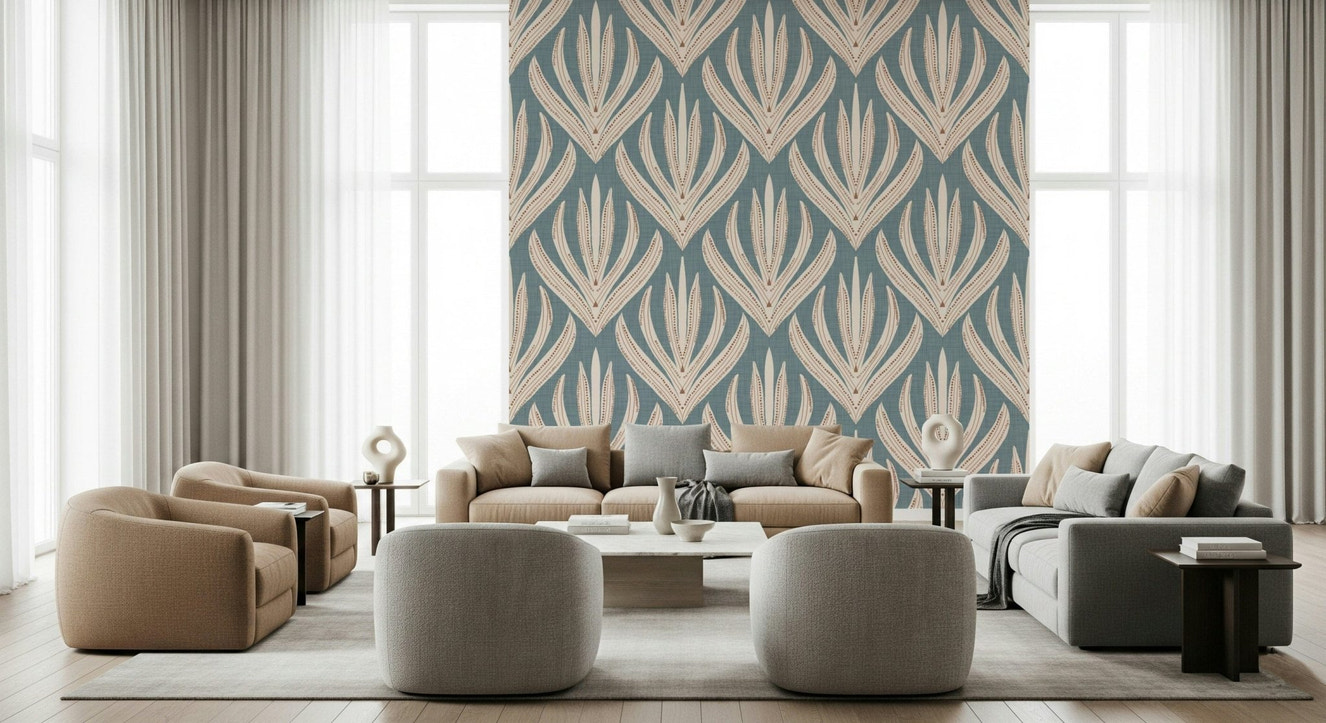 Organic pattern of Floral Geometry in Muted Blue wallpaper for walls.
