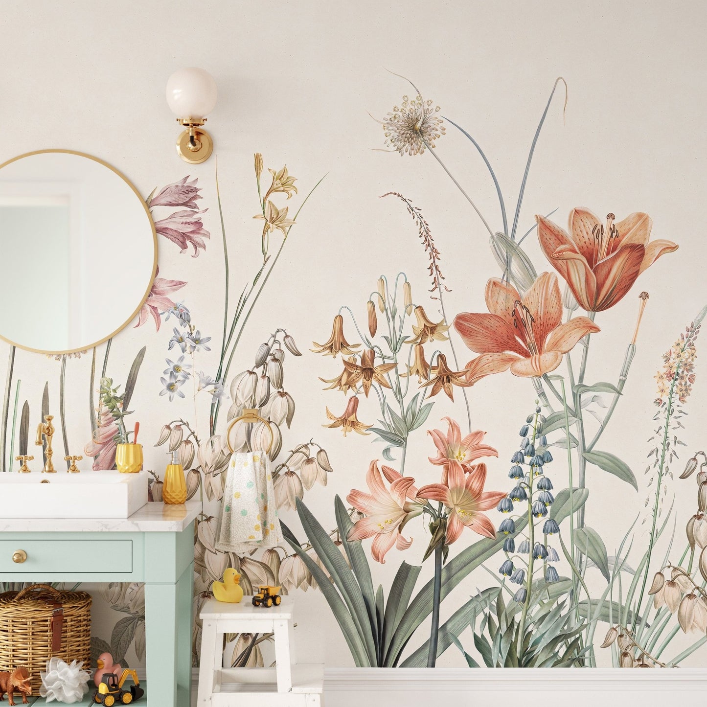 Artistic floral wall mural with painted tones, A420