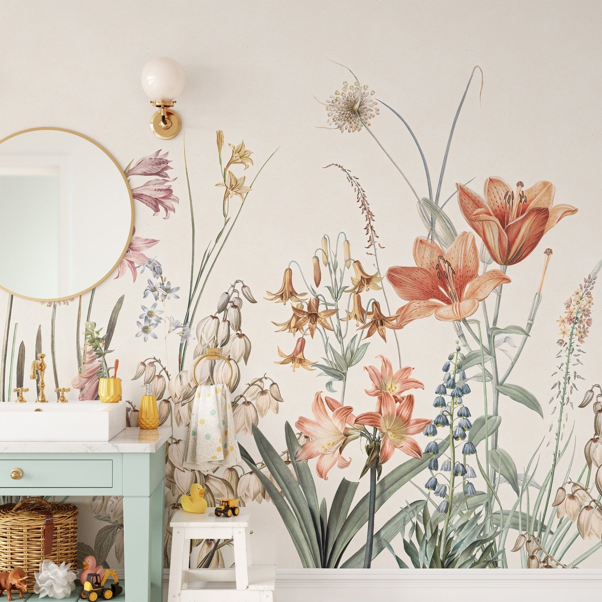 Artistic floral wall mural with painted tones, A420