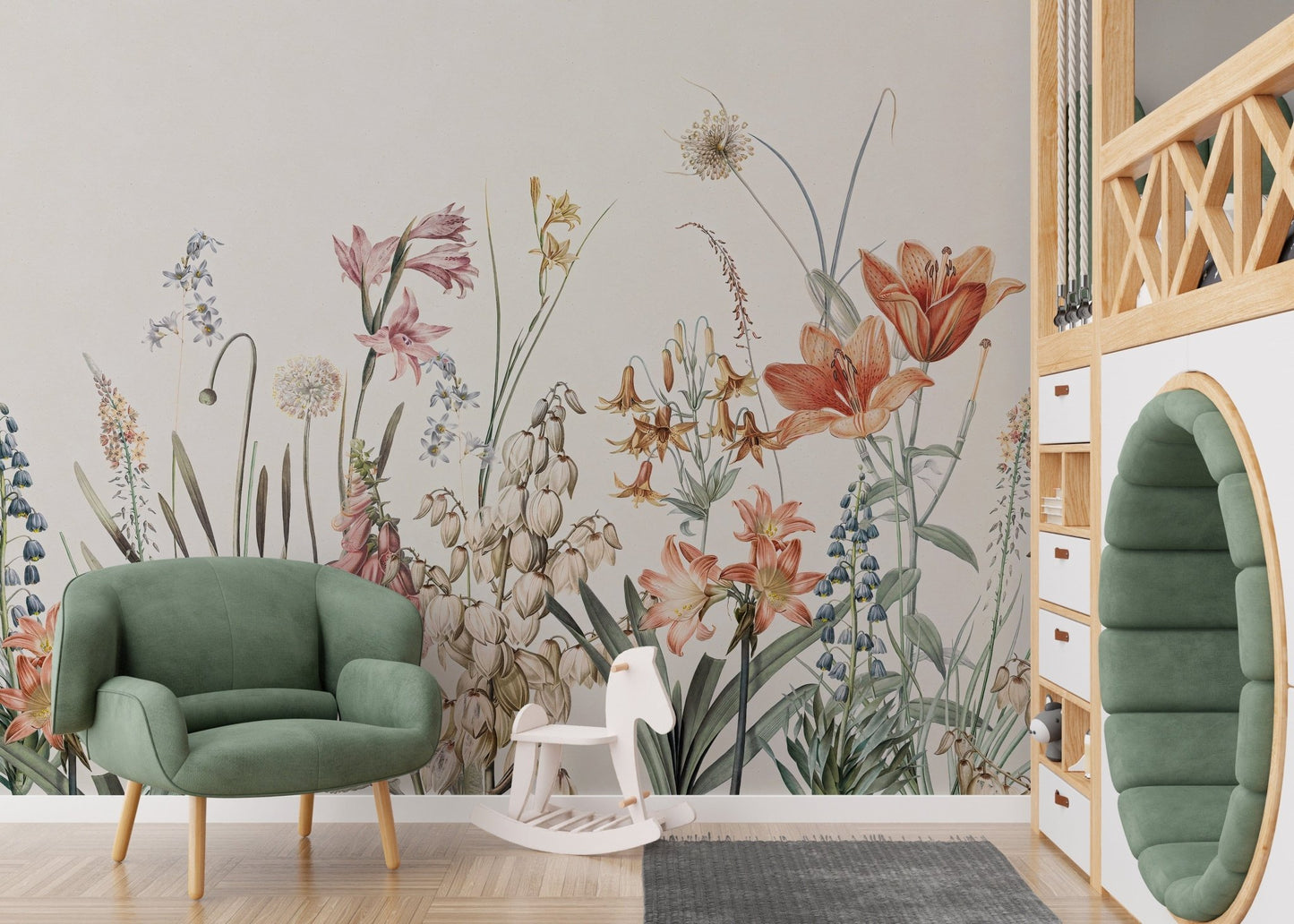 Scenic floral mural with hand-painted details, A420