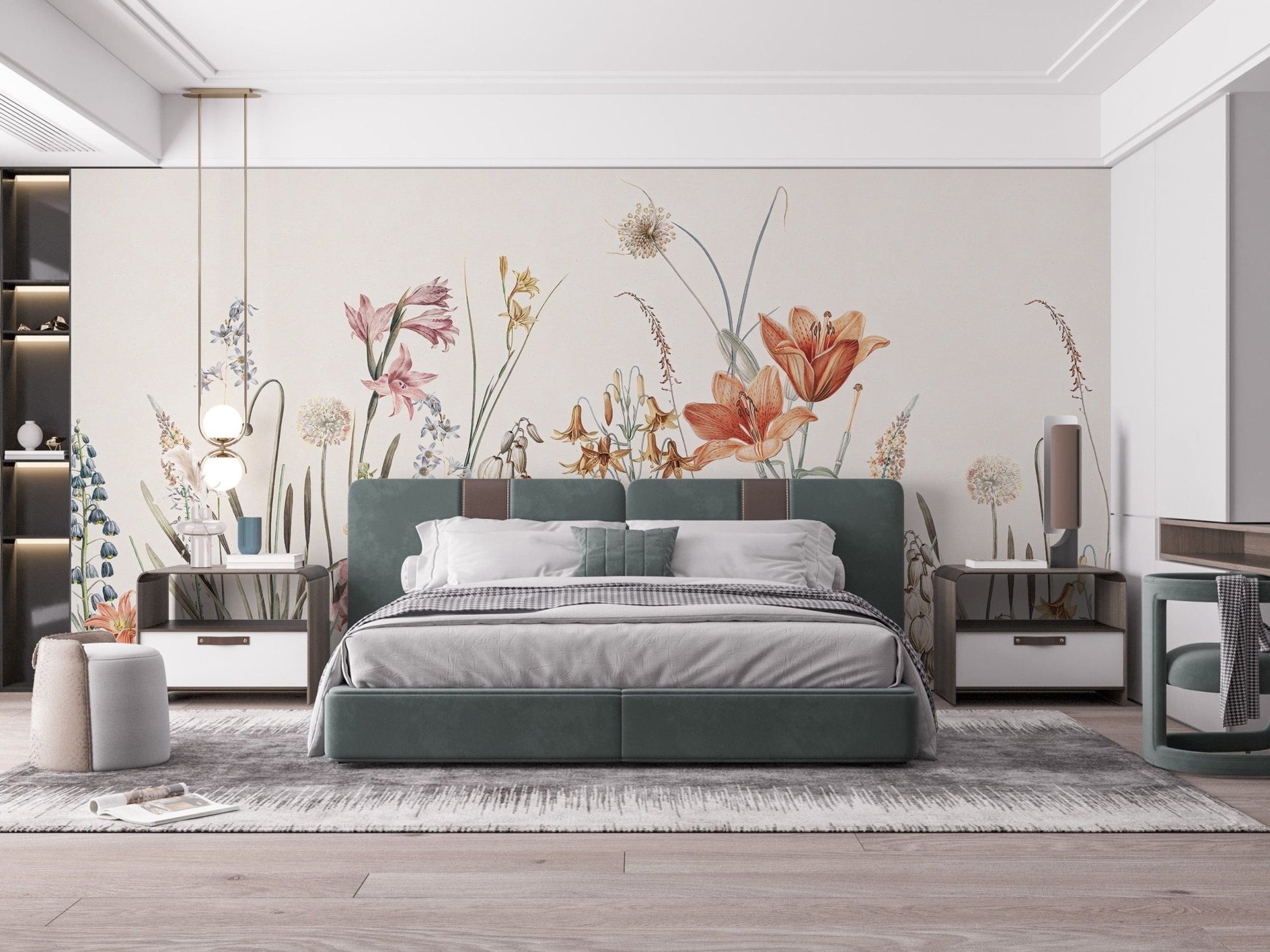 Unique hand-painted floral wall mural tones, A420