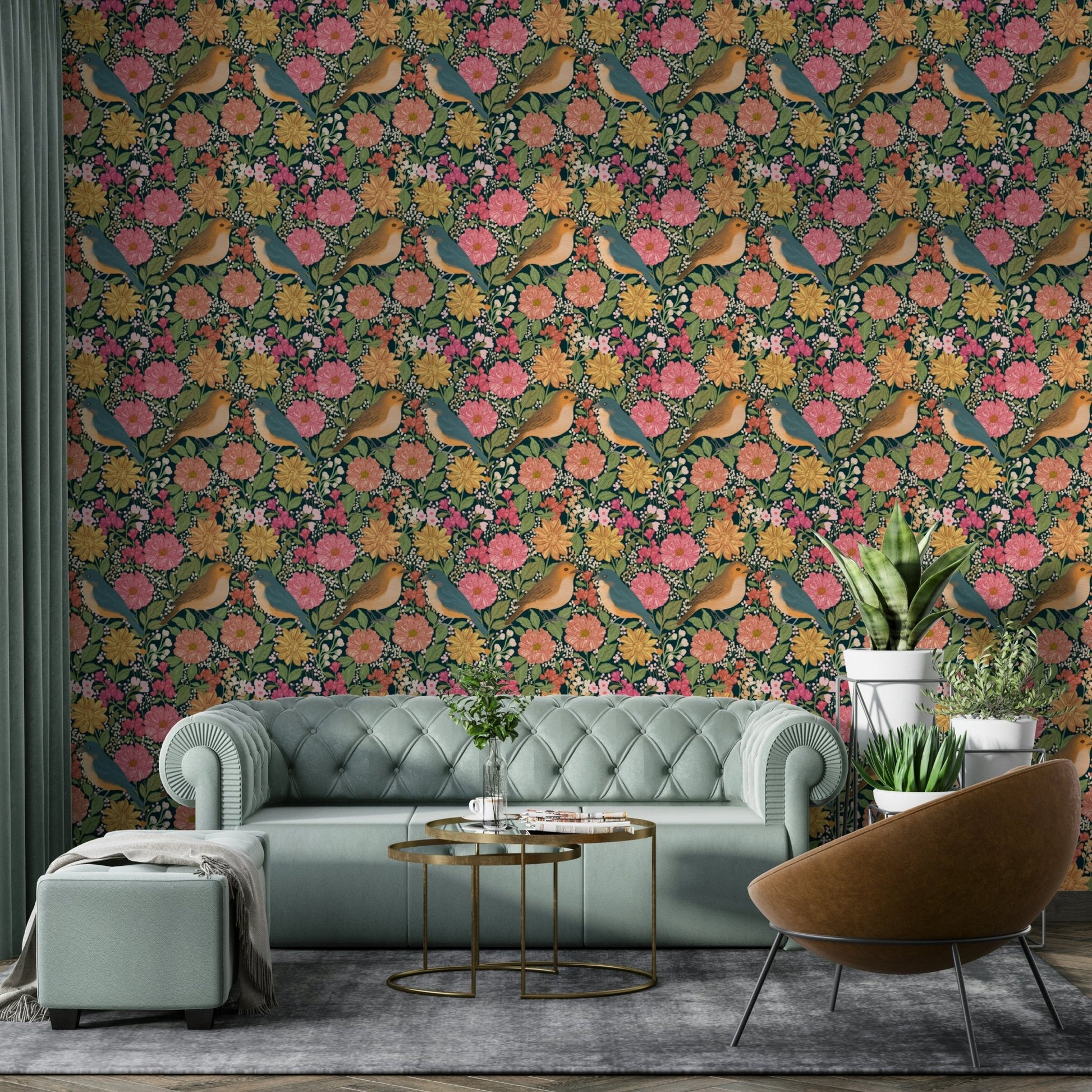 A beautiful serene floral wallpaper mural with elegant birds.

