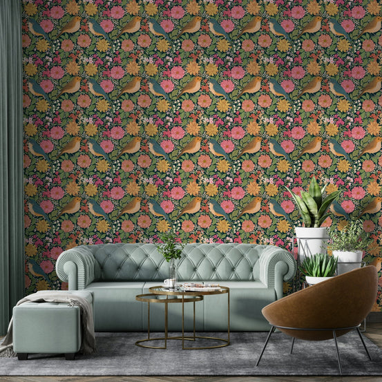A beautiful serene floral wallpaper mural with elegant birds., GD4818