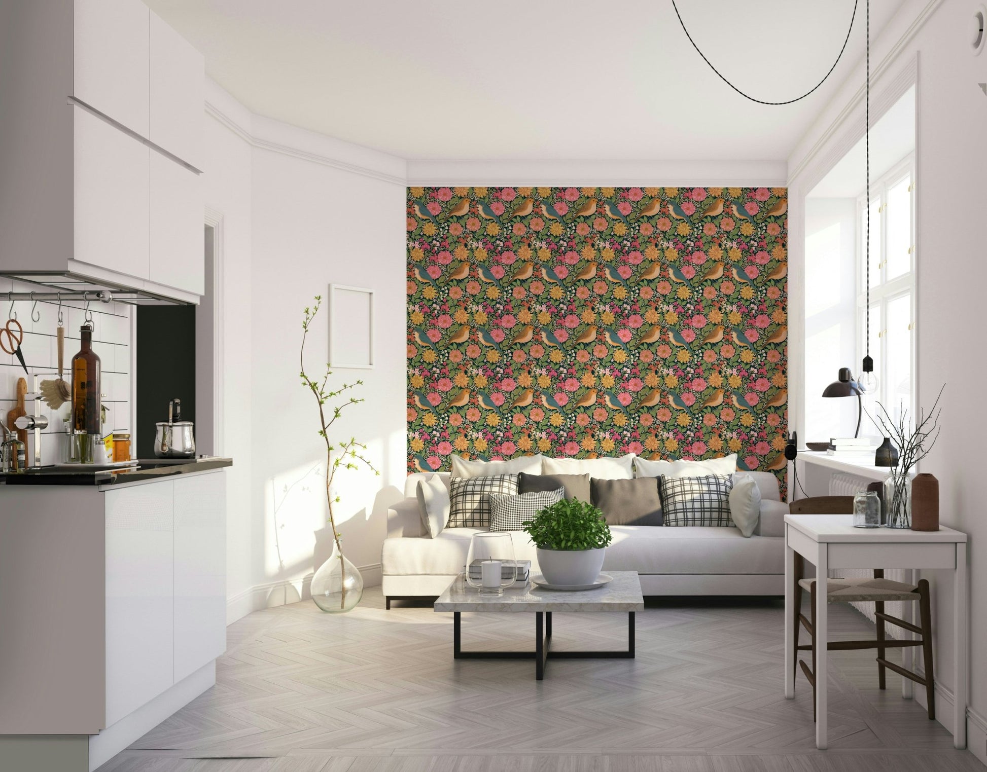 A peaceful flower design mural on decorative wallpaper.

