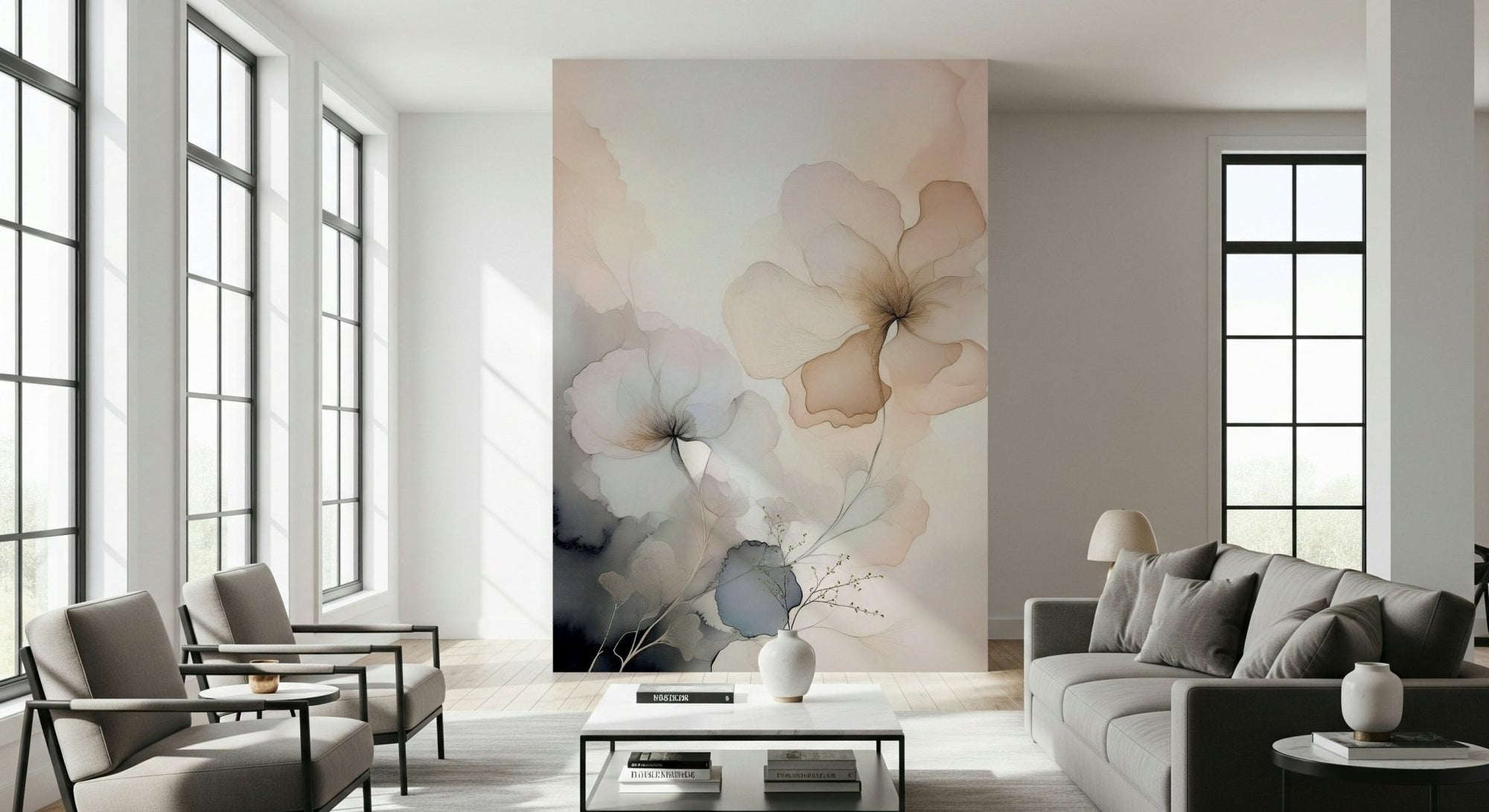 Floral Haze Wall Mural feature wall behind a bed frame., GD6324