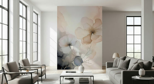 Floral Haze Wall Mural feature wall behind a bed frame.