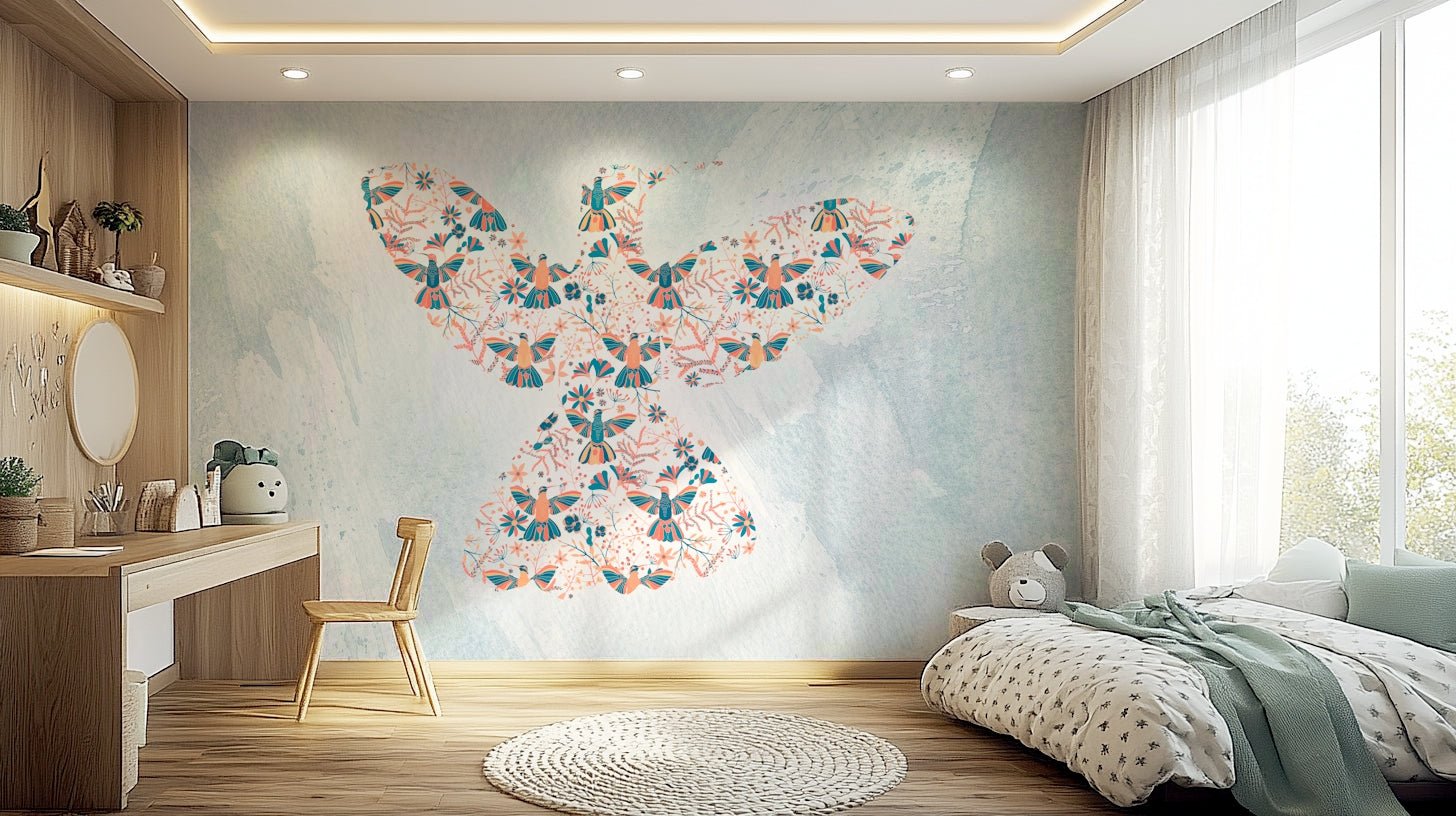 Floral Hummingbird wallpaper for walls above a white dresser.