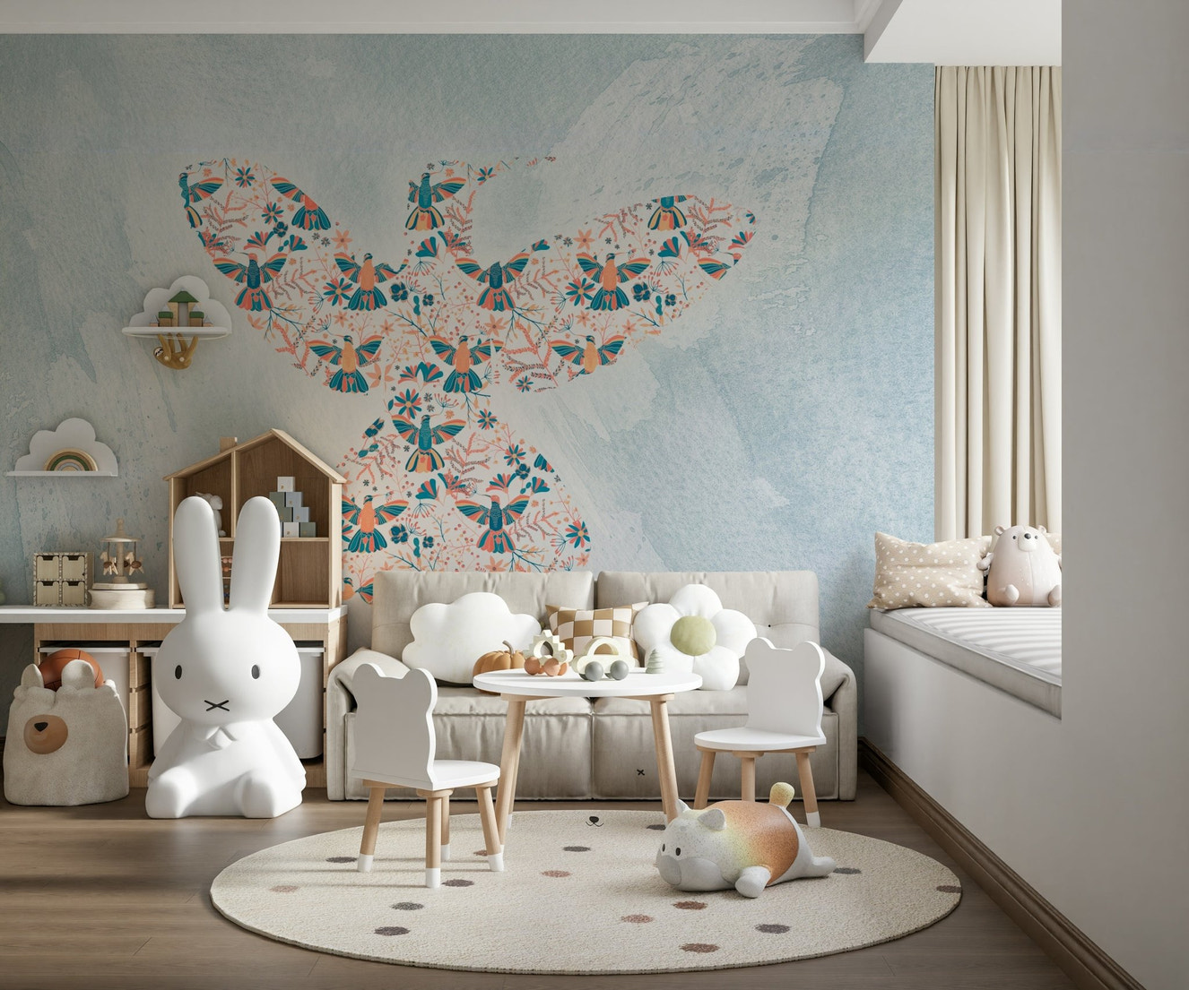 Floral Hummingbird Wall Mural adds soft color to a nursery.