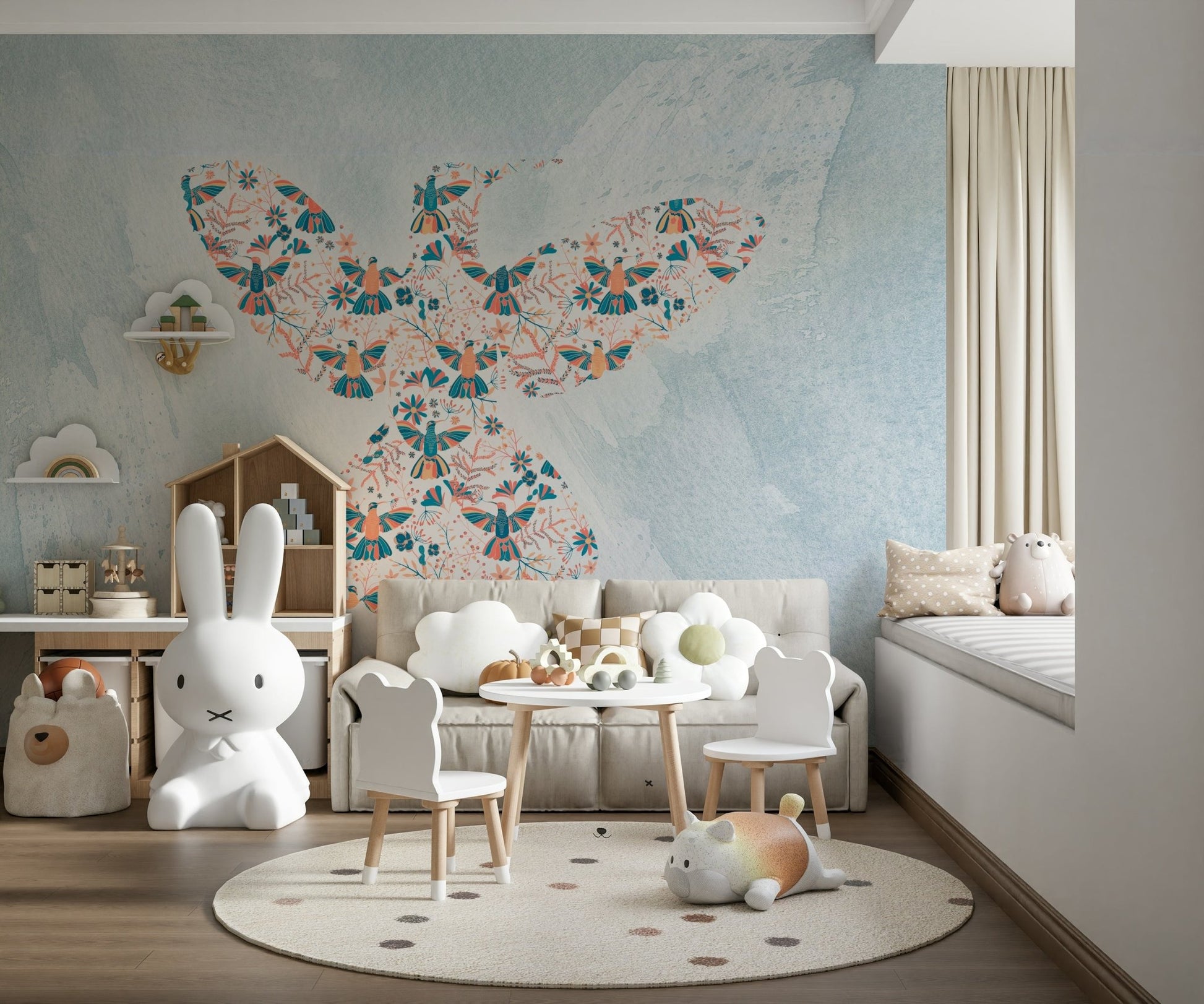 Floral Hummingbird Wall Mural adds soft color to a nursery.
