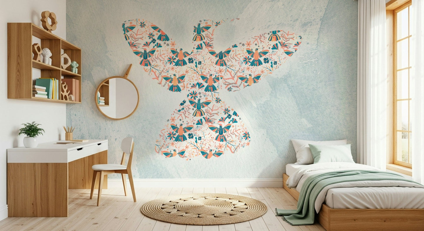 Small blue and peach flowers in the Hummingbird pattern.