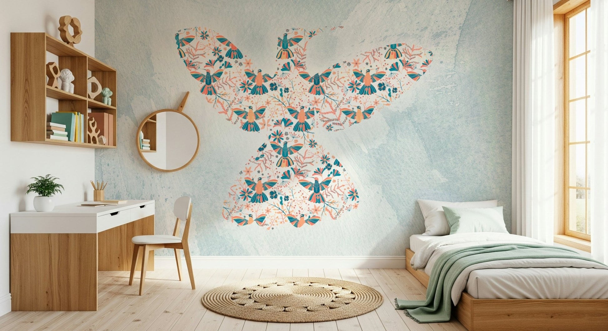 Small blue and peach flowers in the Hummingbird pattern.