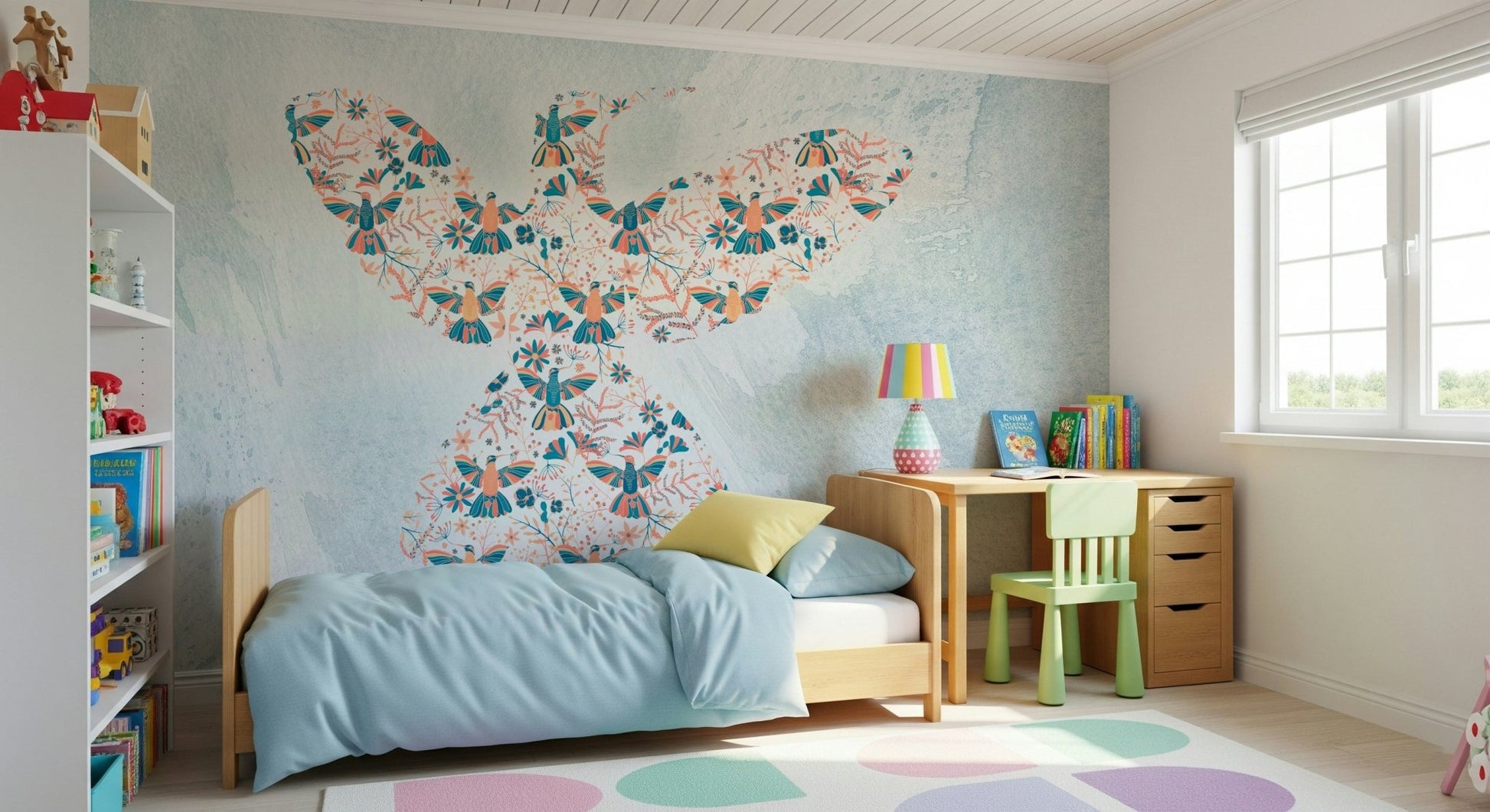 Bedroom accent wall featuring the delicate Floral Hummingbird.