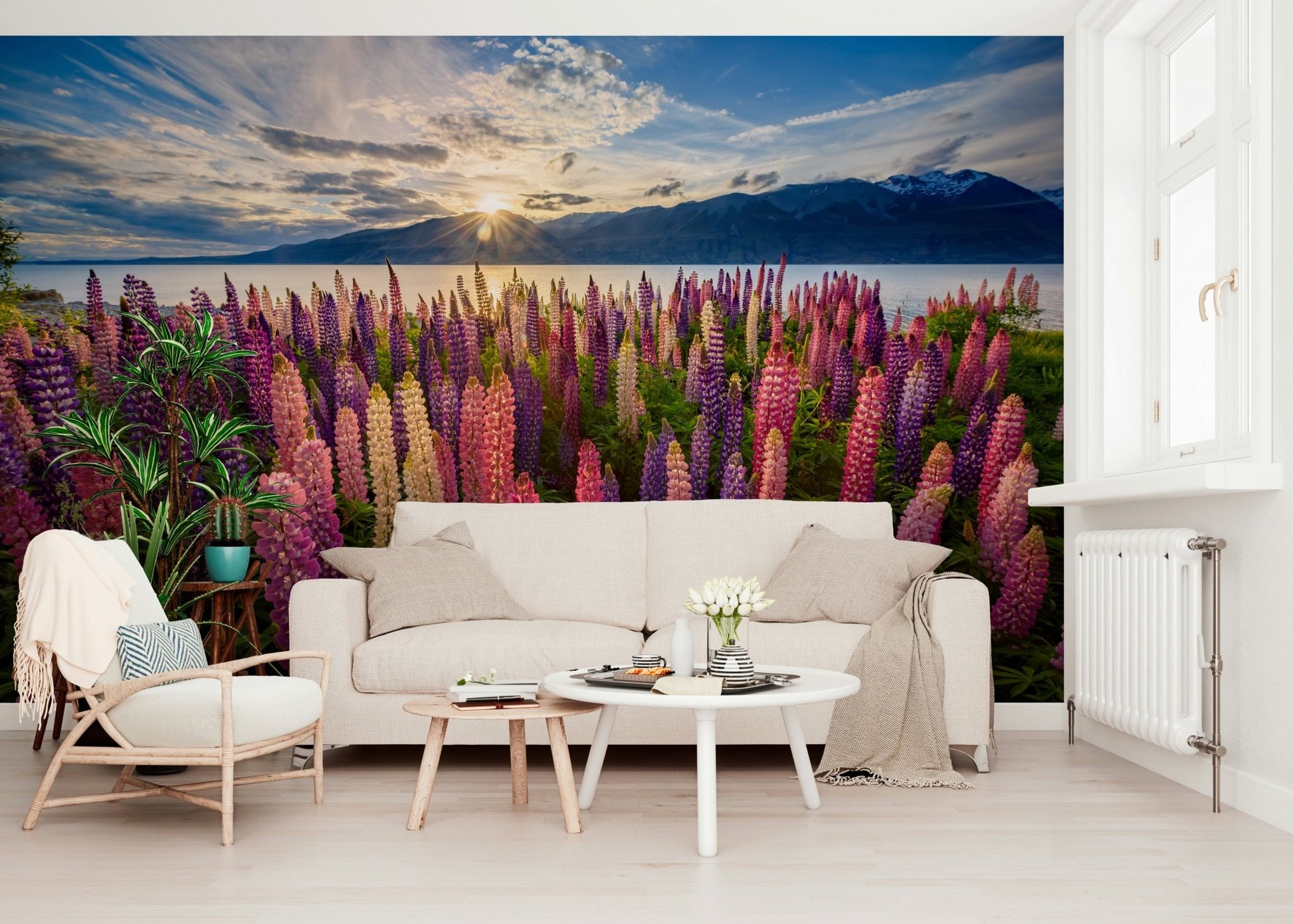 A peaceful lake scene mural on decorative wallpaper.