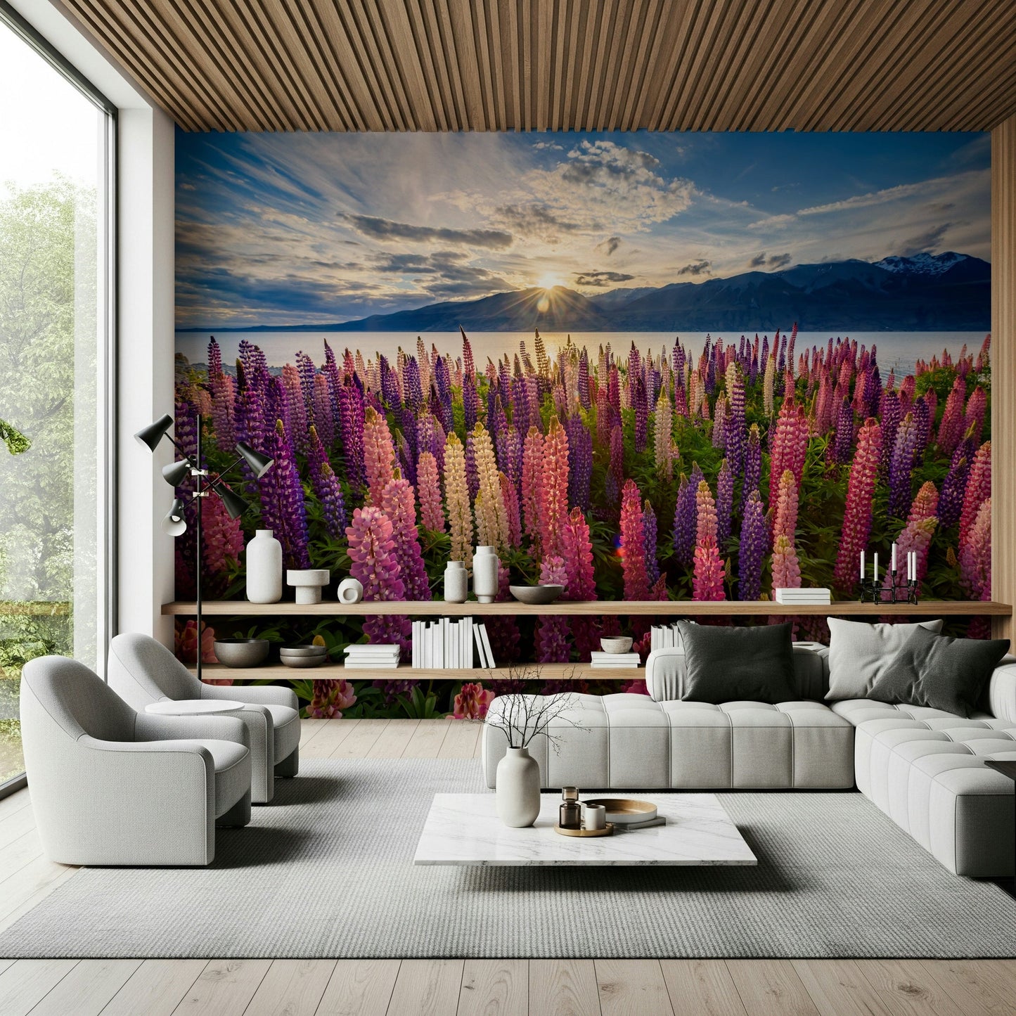 A calming floral design wallpaper mural that defines a space.