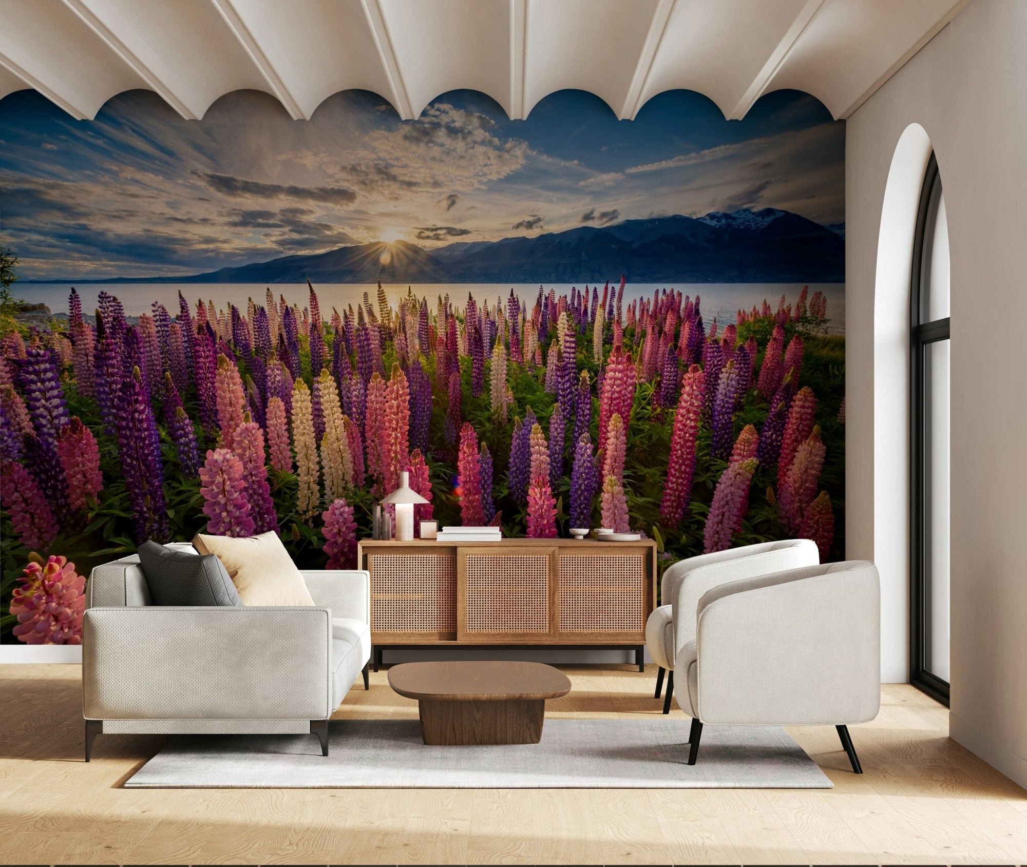A beautiful floral lake wallpaper mural with subtle morning light., GD5774