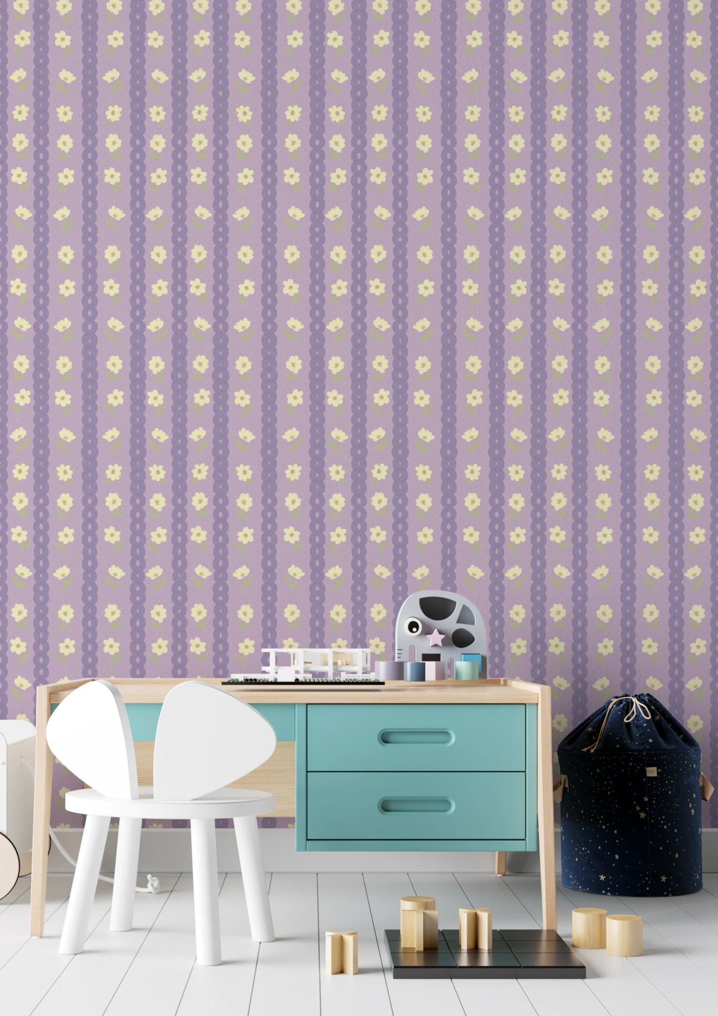 Floral Lavender Stripe Wallpaper adds soft bloom rows to a pastel study nook, GD8118
