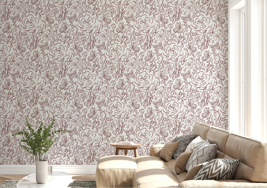 Living room styled with Floral Line Dance Wallpaper and soft botanical line pattern