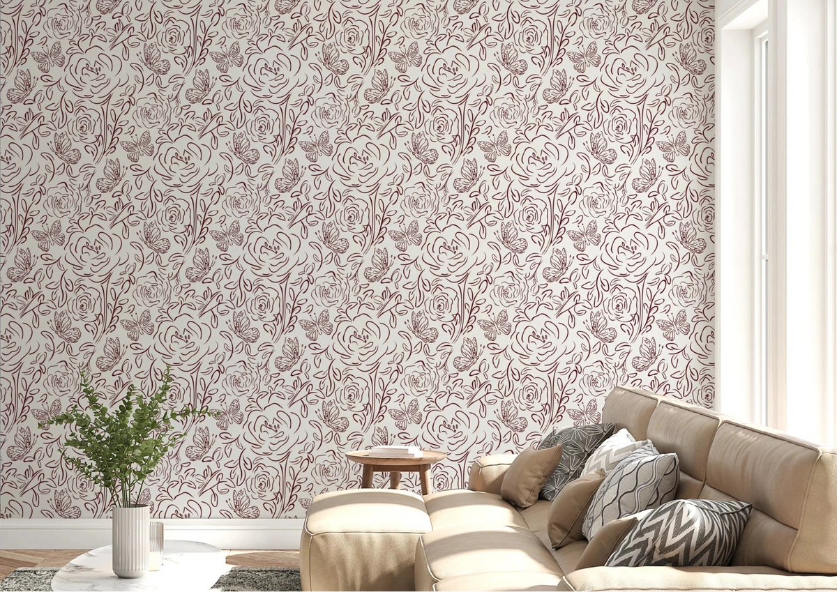 Living room styled with Floral Line Dance Wallpaper and soft botanical line pattern, GD8221