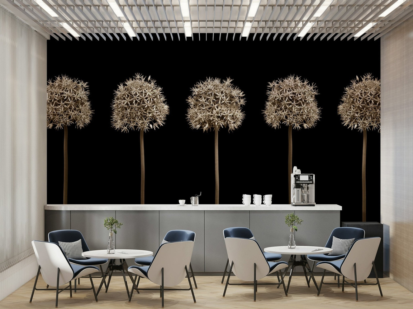 Five spherical white flowers.

