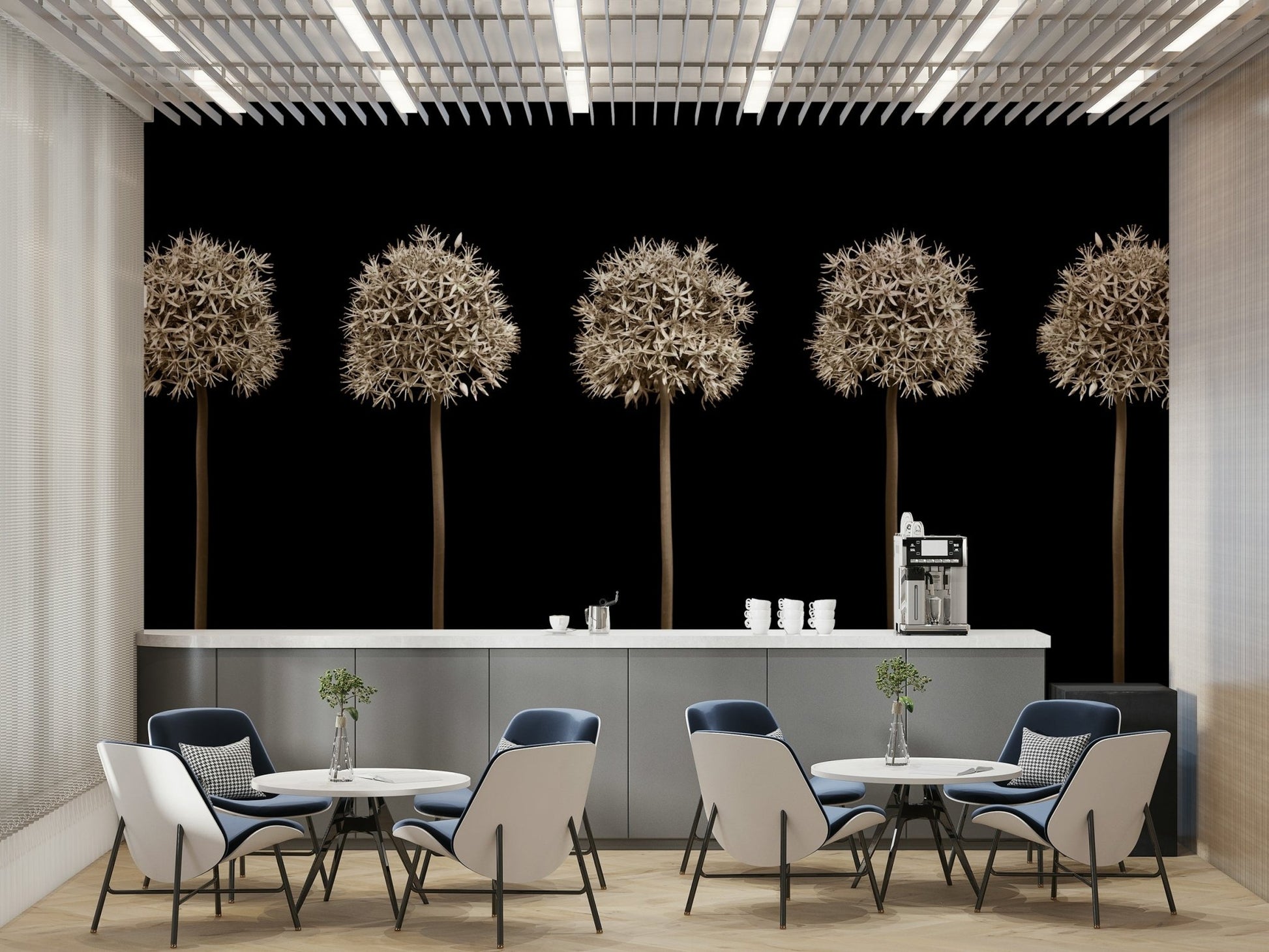 Five spherical white flowers.

