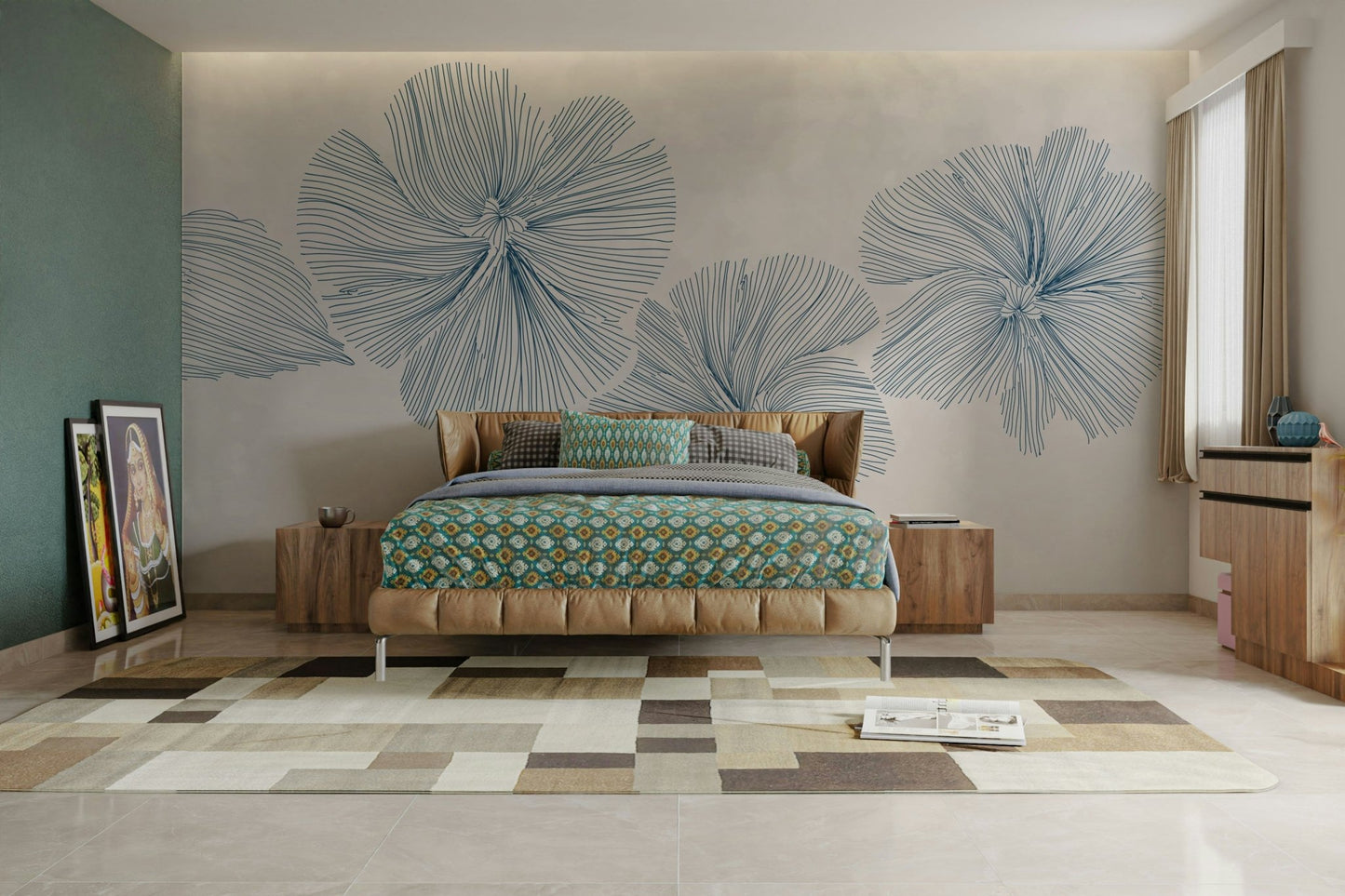 The flowers are drawn with thin, elegant black or dark lines.

