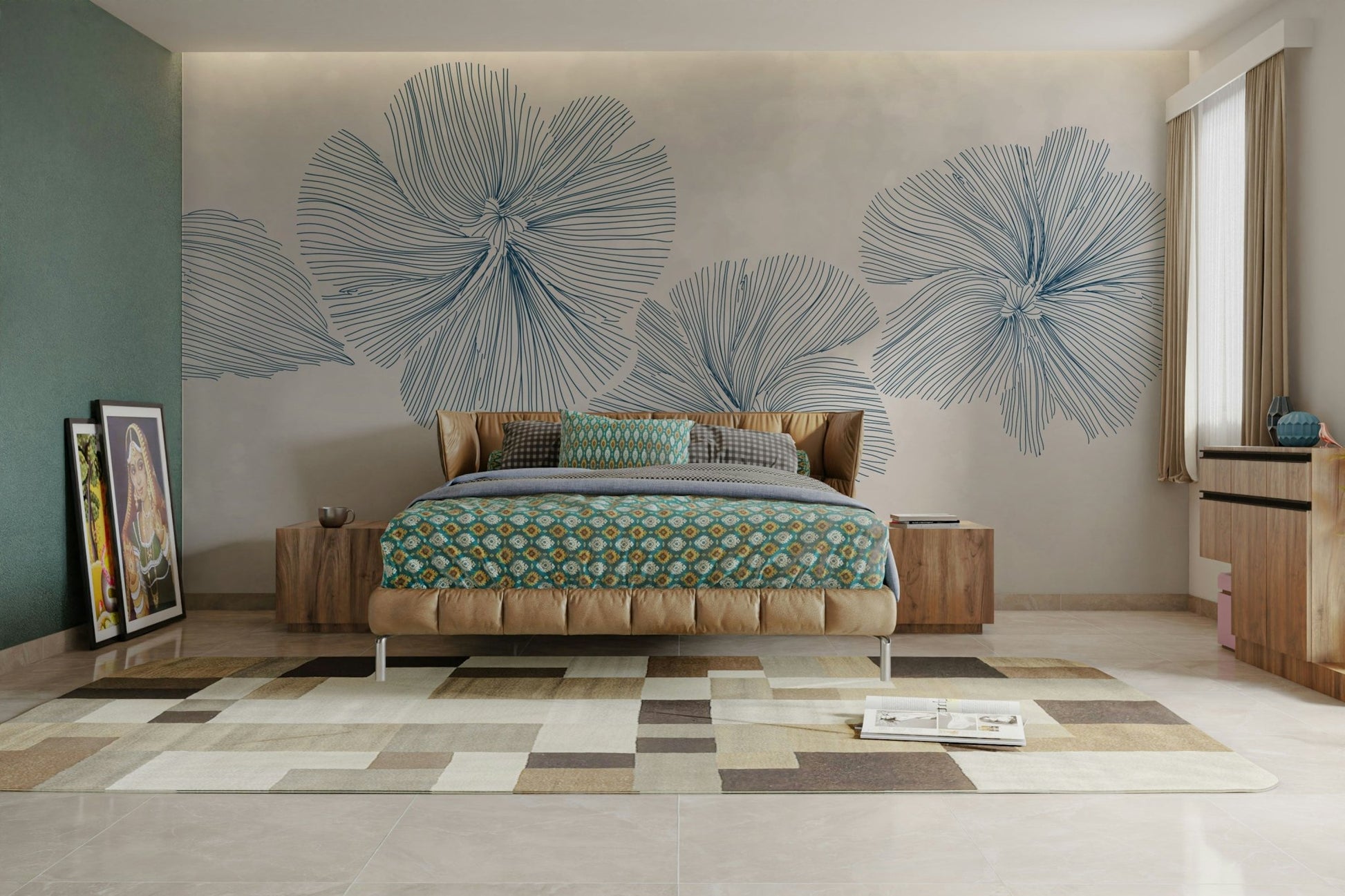 The flowers are drawn with thin, elegant black or dark lines.

