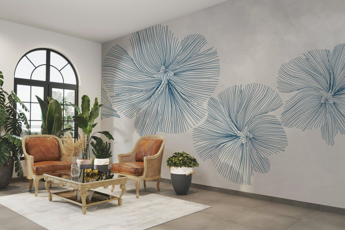 A minimalist wall mural featuring a pattern of flowers.

