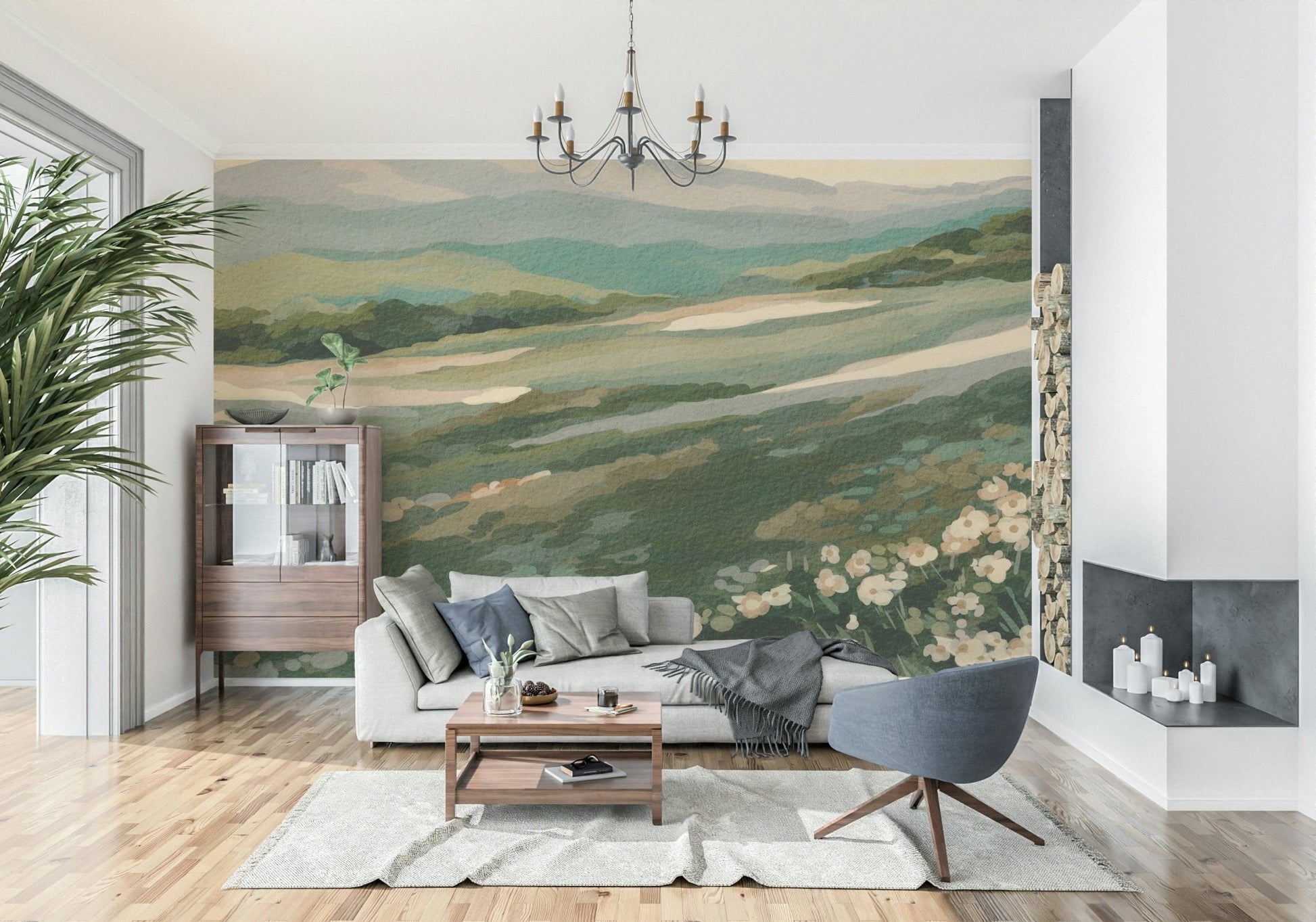 Panoramic Floral Meadow Vista art, wall mural decor, sloping terrain, pastoral vista.