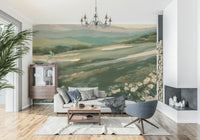 Panoramic Floral Meadow Vista art, wall mural decor, sloping terrain, pastoral vista.
