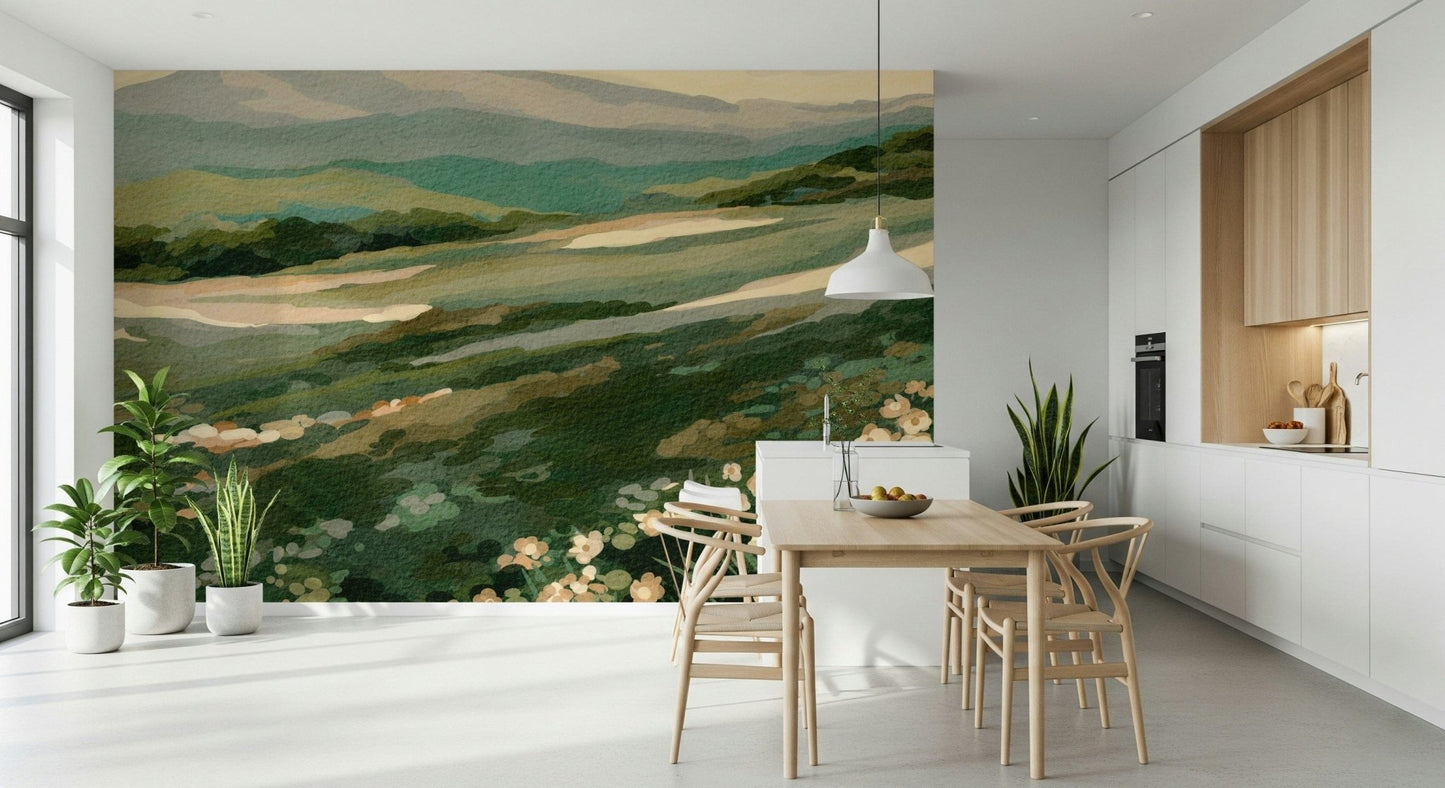 Gorgeous meadow vista wall mural, painted floral foreground, serene backdrop.