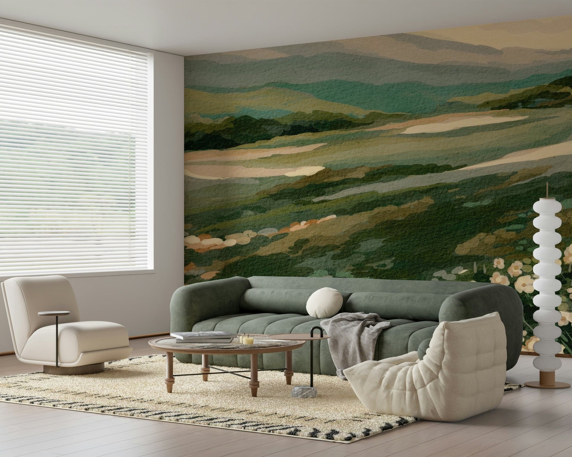 Breathtaking meadow vista illustration, calming green wallpaper mural, subtle elegance.