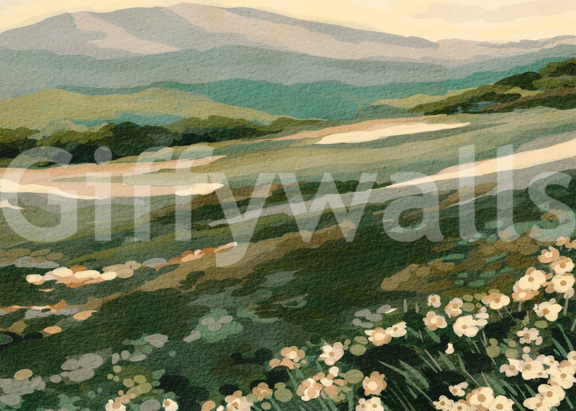 Floral Meadow Vista mural, gentle slope, captivating wall mural for home.