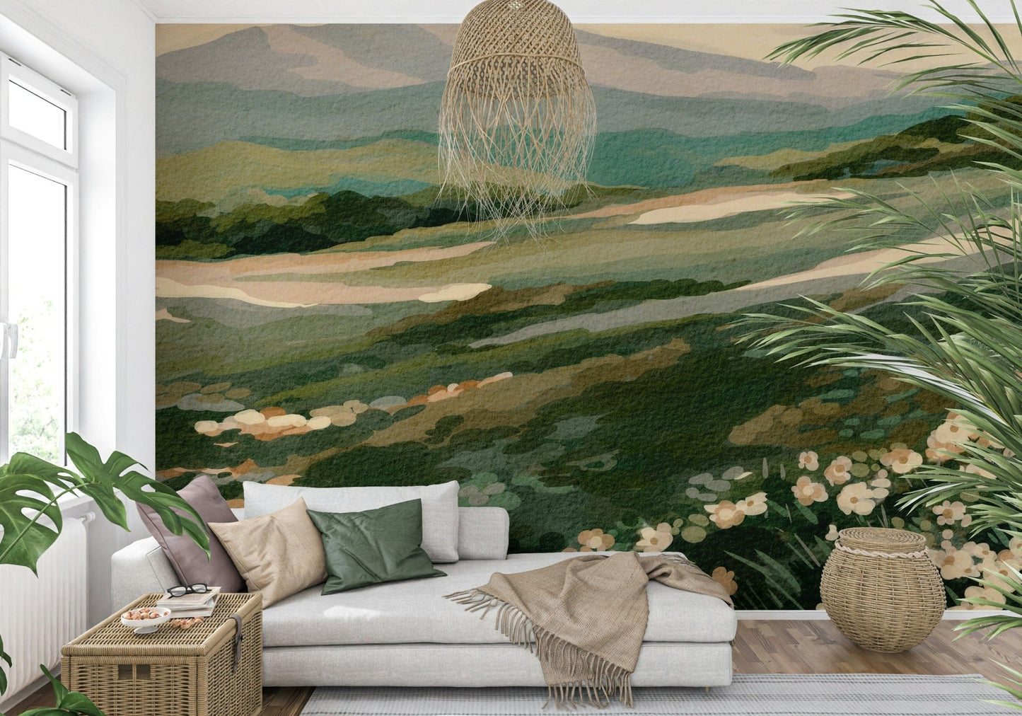 Floral Meadow Vista Wall Mural, inviting scenery, exquisite flower detail.