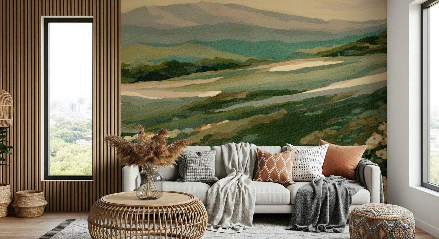 Ethereal Floral Meadow art, vista design, easy peel and stick wallpaper.