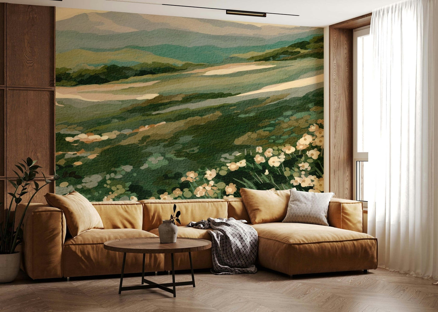 Artistic meadow vista wallpaper mural, verdant green slope, delicate flowers.