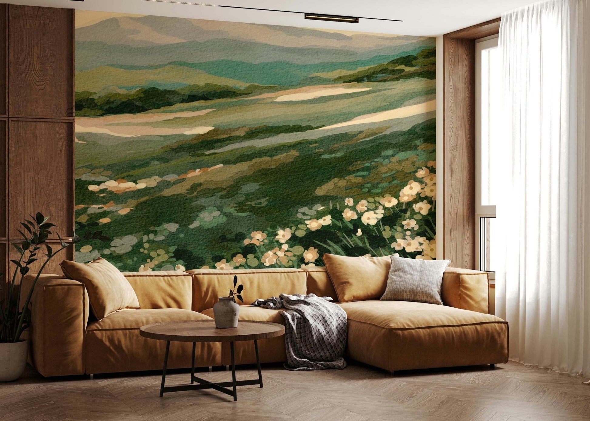 Artistic meadow vista wallpaper mural, verdant green slope, delicate flowers.