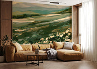 Artistic meadow vista wallpaper mural, verdant green slope, delicate flowers.