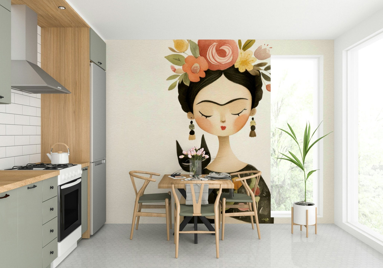 Floral Muse mural with midnight-themed companion figure

