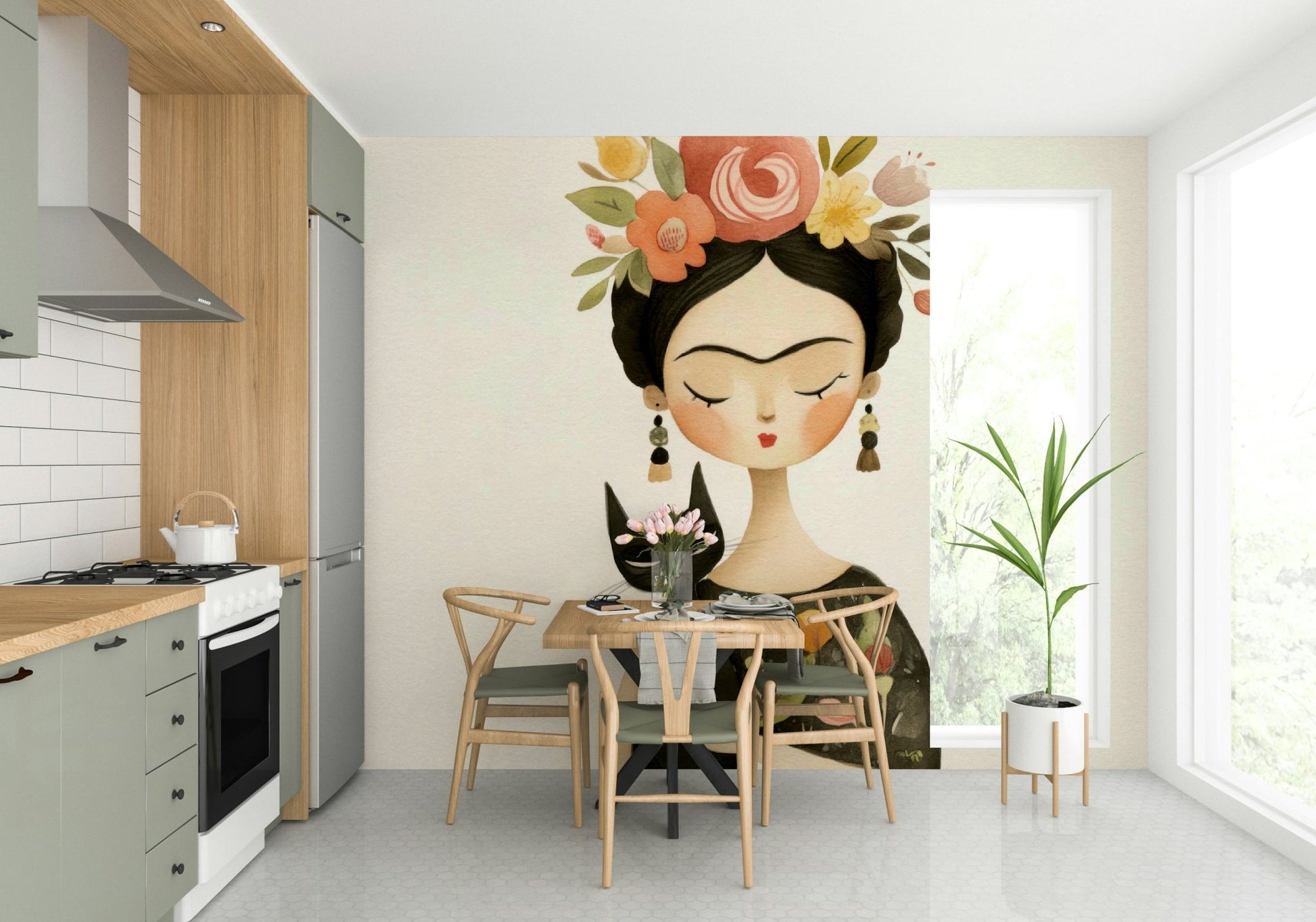 Floral Muse mural with midnight-themed companion figure

