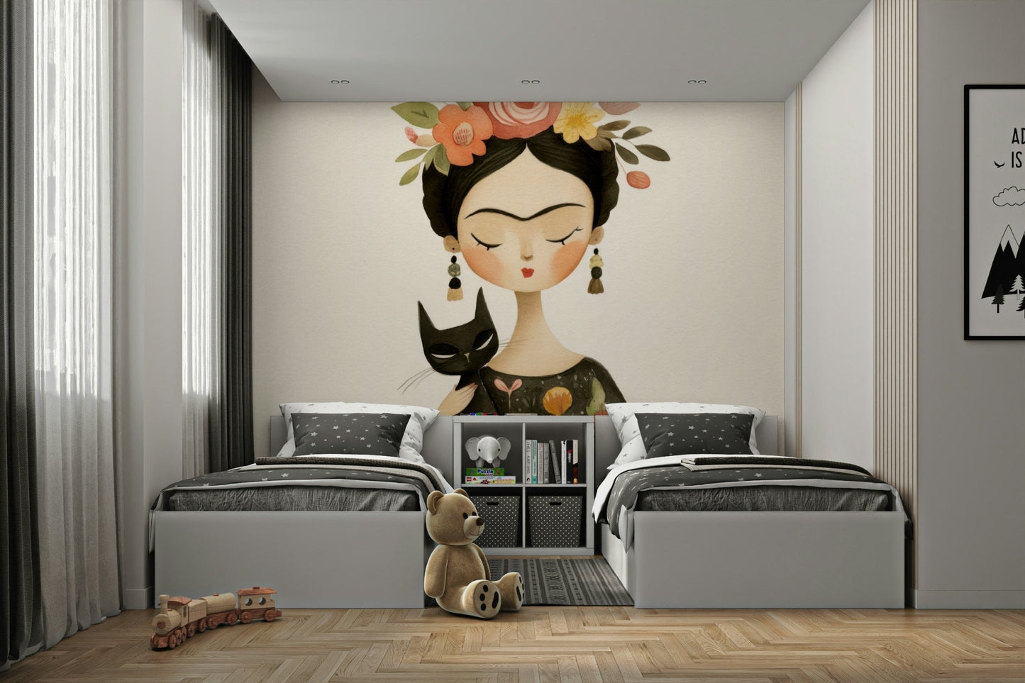 Moody mural with floral muse and dark animal silhouette

