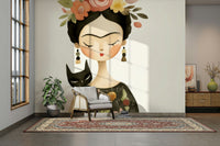 Artistic wall mural featuring a woman and floral details

