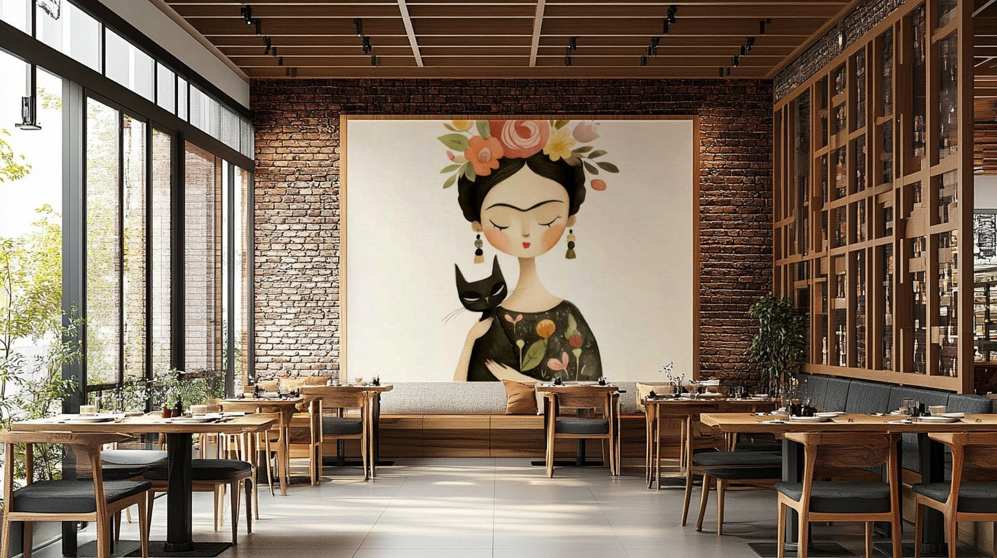 Close-up of stylized woman and cat in elegant mural art

