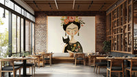 Close-up of stylized woman and cat in elegant mural art

