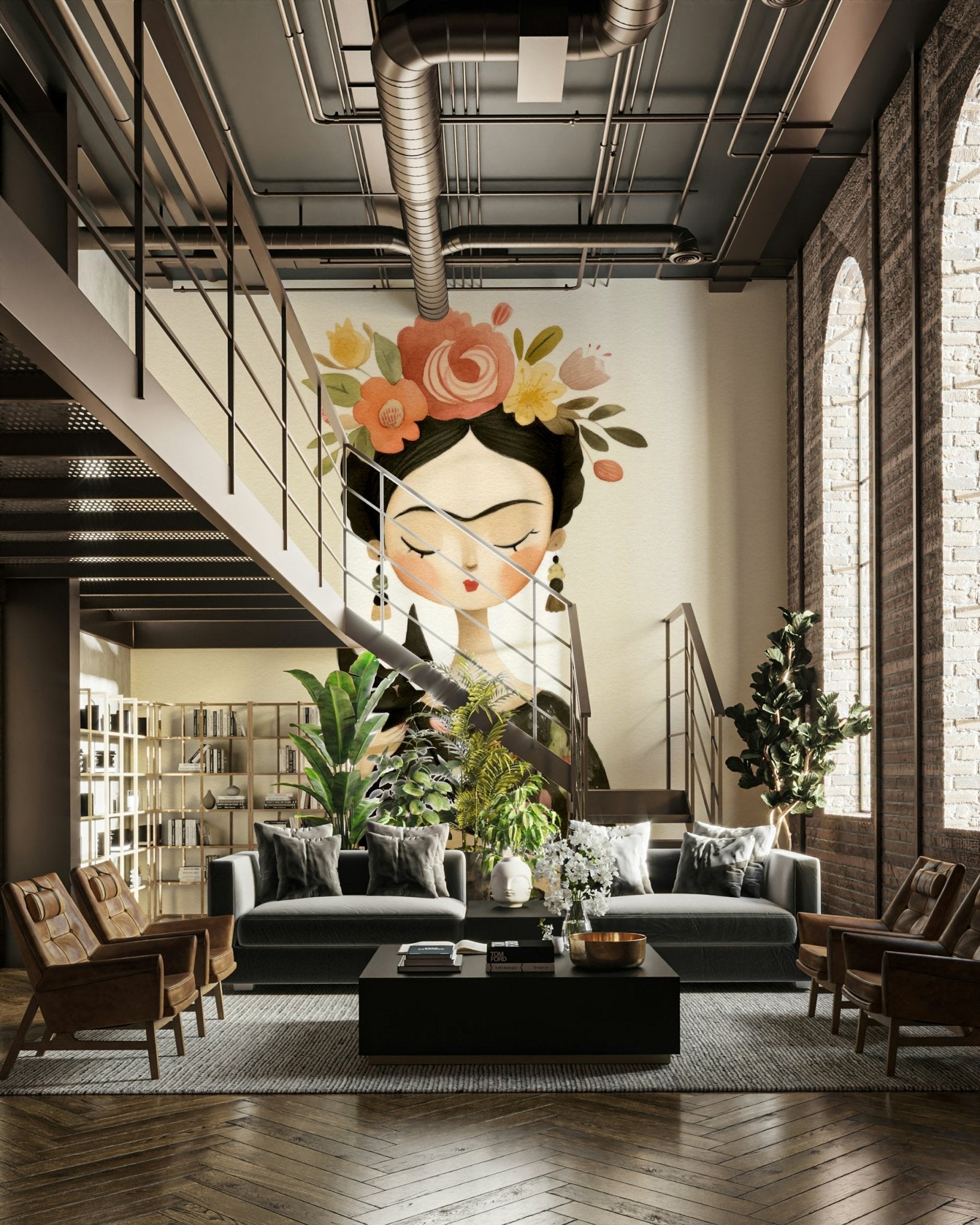Creative studio with feminine floral wall mural design

