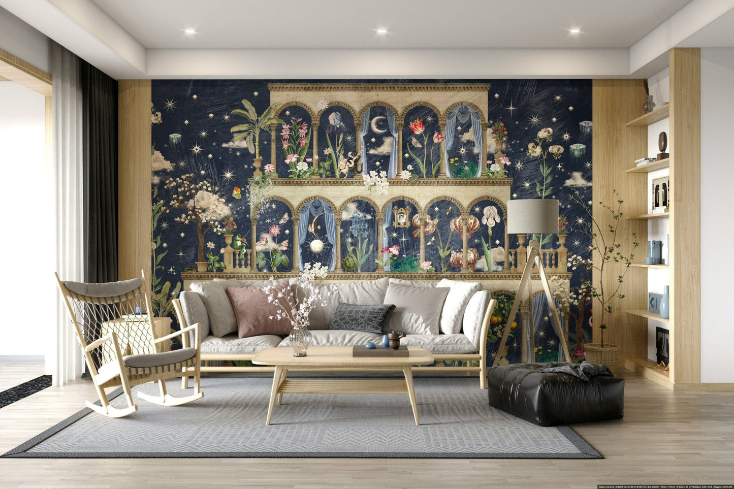 Botanical wall mural with white roses and lilies on a deep blue background.